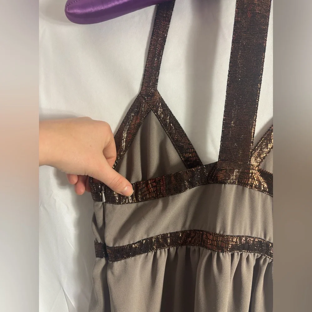 Brown Babydoll Empire Waist Metallic Copper High‎ Lo Boho Mini Dress Size M